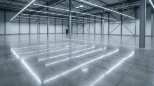 Nave industrial con suelo de hormigón pulido acabado espejo y reflejo de luces