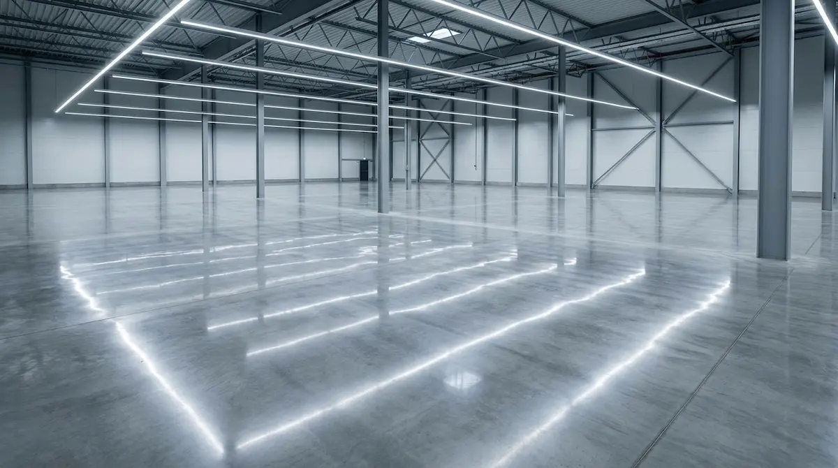 Nave industrial con suelo de hormigón pulido acabado espejo y reflejo de luces